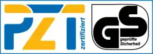 Logo vom Prüfinstitut PZT mit GS-Zeichen und DIN SPEC 91489